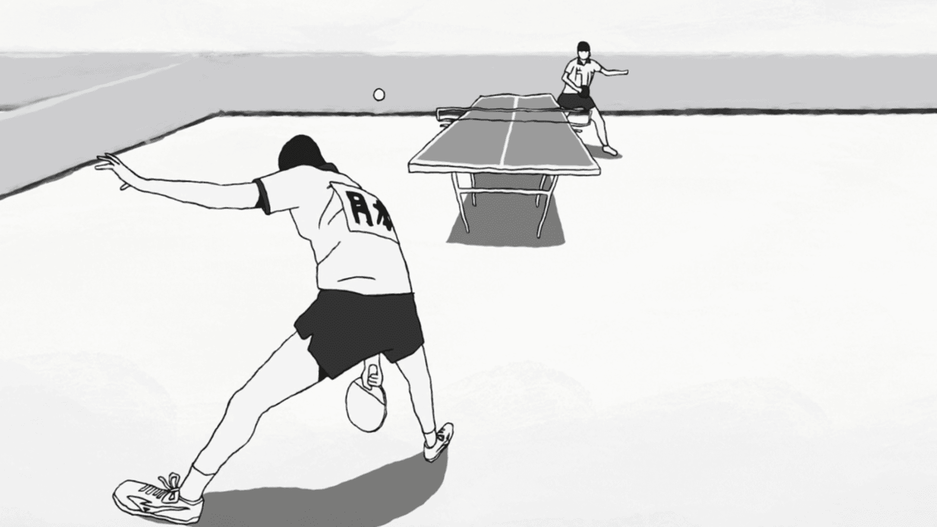 Two players at a ping-pong table in a black-and-white anime scene.